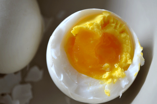 This is almost too set for a soft-boiled egg, but you can see it is still a bit runny in the yolk